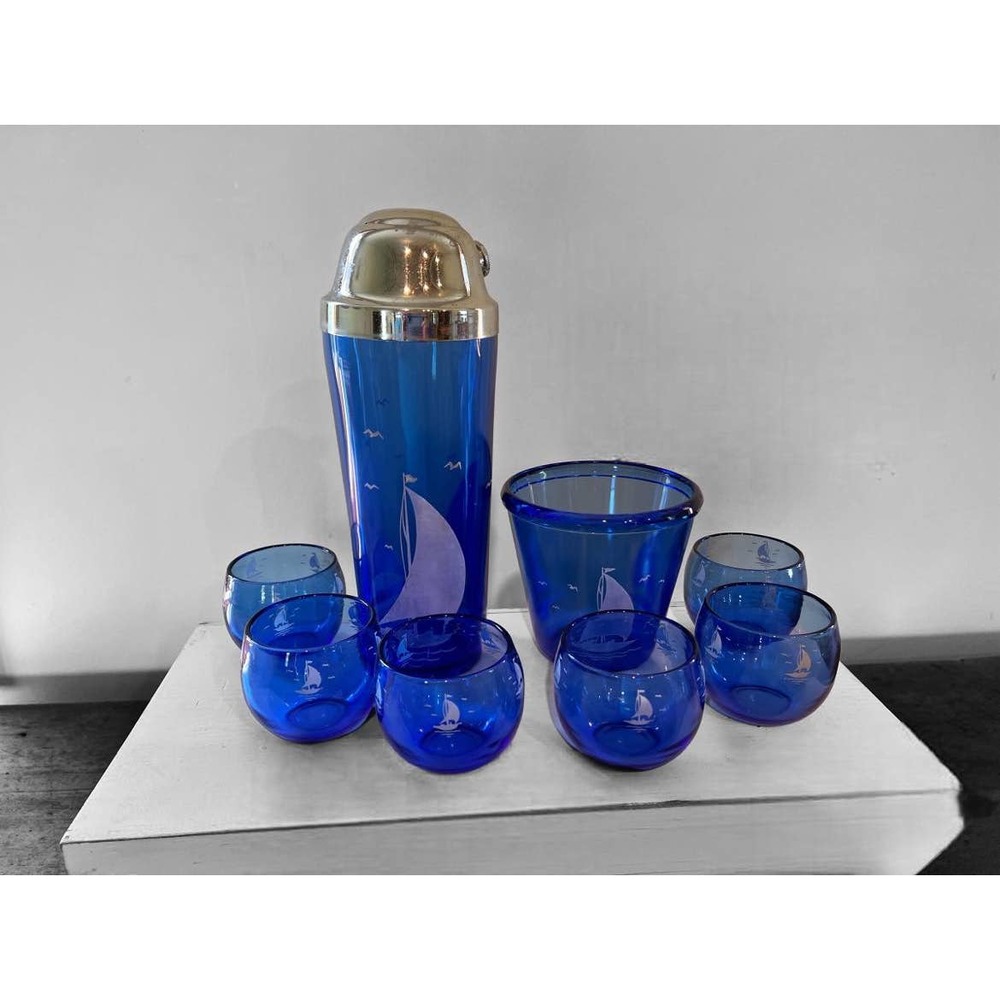 8 Pc - Vintage Hazel Atlas Sailboat Cocktail Set